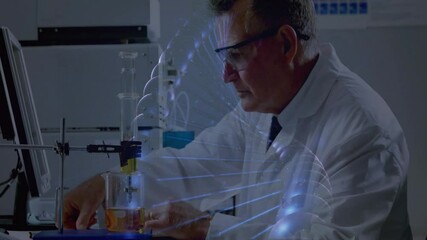 Poster - Senior scientist placing tube into clamp, pipetting sample as blue spiral wrapping experiment