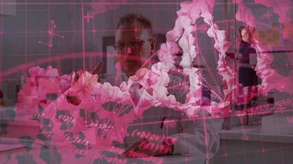 Poster - Senior scientist raising hand at desk while pink double helix pulsing around for lab analysis