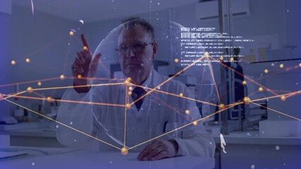 Poster - Senior scientist materializing holographic globe in lab, exploring network nodes and updating code