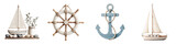 Nautical decor featuring sailboats, anchors, and steering wheels in soft blue and white tones. Perfect for summer themes, beach houses, or marine-inspired interior designs.