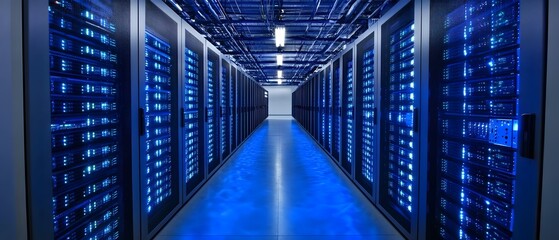 Poster - A modern data center with rows of servers, illuminated by blue lights, showcasing the essence of technology and connectivity in contemporary digital infrastructure.