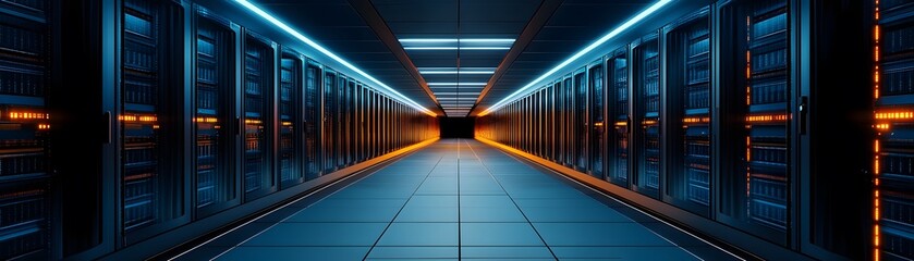 Fototapete - futuristic data center corridor with glowing blue and orange lights. this high-tech environment show