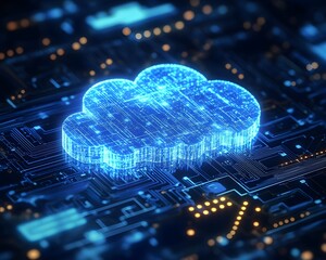 Poster - Futuristic blue cloud icon on a digital circuit board, showcasing the concept of cloud computing and data storage innovation in a visually appealing manner