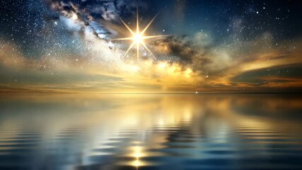 Wall Mural - golden sunset and starry night sky reflecting on calm ocean water