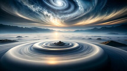 Wall Mural - sunrise over a mystical island with swirling clouds and a galaxy above
