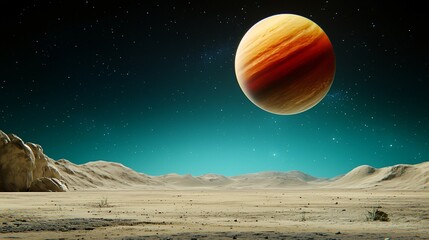 Wall Mural - alien desert landscape with glowing gas giant planet and starry night sky