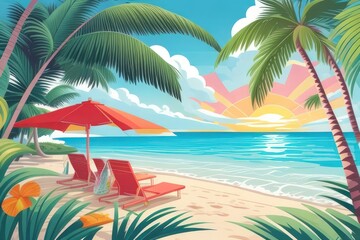  Summer Vacation Beach Illustration — Flat Vector with Palm Trees, Coconut Drink, and Sunset