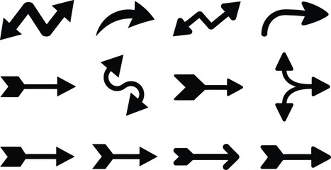 Fototapete - A collection of twelve black arrow icons pointing in various directions on a white background surface