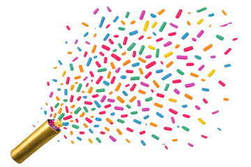 Poster - Golden party popper bursting, scattering colorful confetti against transparent backdrop, celebrating festive moments