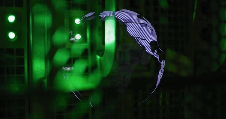 Poster - Dark tech glowing green LEDs initiating pixelated landmass forming rotating globe fading into glow
