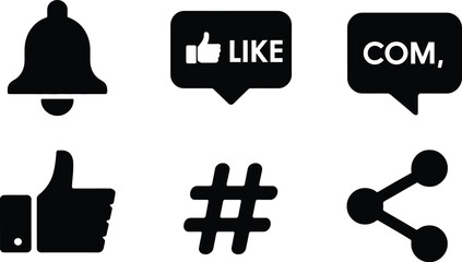 Fototapete - Illustration of social media icons including a bell, like button, comment, share and hashtag