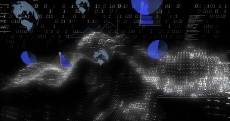 Poster - Binary digits cascading, data wave mesh waving, globe icons appearing, charts updating data display