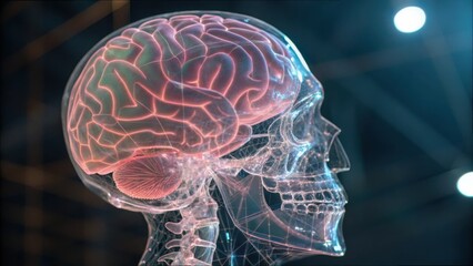 Poster - Transparent Skull Mesh Overlay with Detailed Brain Mapping Visualization