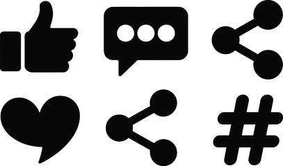 Fototapete - A set of black social media icons including like comment love share and hashtag on a white background