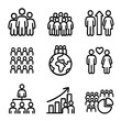 © AI Art Factory - A set of doodle line icons representing population, demographics, growth trends, global people distribution, and social data analysis for statistics