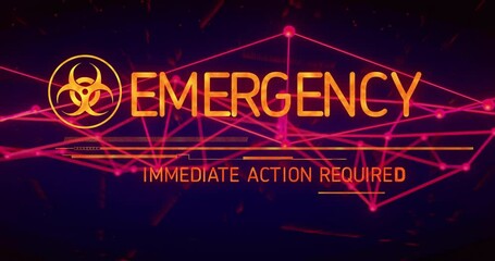 Poster - Neon pink net pulsing as orange biohazard icon fading, letters forming EMERGENCY demanding action