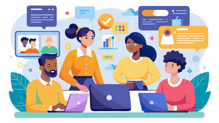 Poster - Diverse team collaborating with laptops and chat bubbles