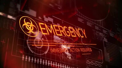 Poster - Starting moving bars, biohazard icon appearing linking to HUD, expanding EBK into EMERGENCY alert