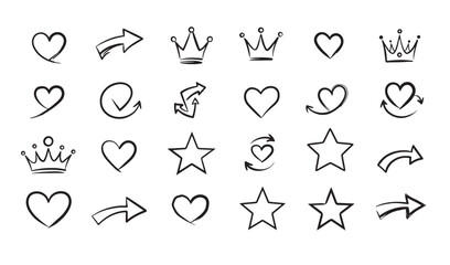 Poster - Hand drawn silhouette vector icons representing hearts arrows stars and crowns in black.