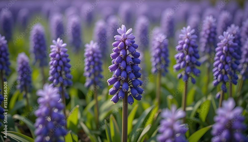 Close Up Background of Purple Muscari Blue Grape Hyacinth Flowers in Field during Spring for Floral and Seasonal Design