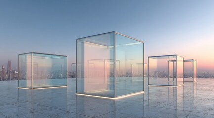 Wall Mural - Several translucent glass cubes, internally illuminated, sit on a reflective urban rooftop at dawn, overlooking a city skyline