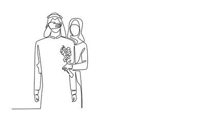Poster - Animated self drawing of single continuous line drawing an arab woman standing behind an arab man while covering his eyes with her hands. Romantic place. Surprise. Full length single line animation