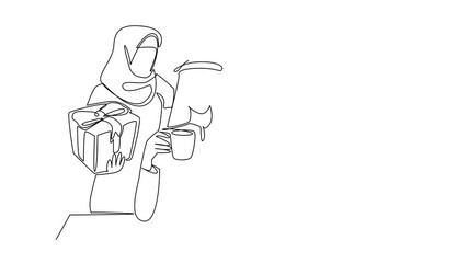 Poster - Self drawing animation of single continuous line drawing an arab woman standing behind an arab man who sitting enjoying coffee. Surprise anytime. Happiness. Share. Love. Surprise. Full length animated
