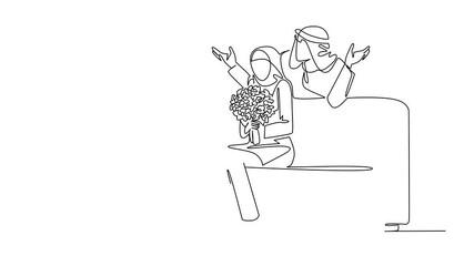 Poster - Animated self drawing of single one line drawing an arab man standing behind an arab woman sitting on sofa holding bouquet of flowers. Little surprise. Surprise. Full length single line animation