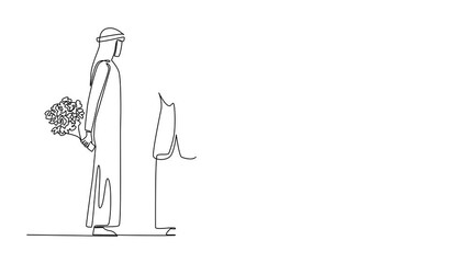 Poster - Animation of continuous line drawing an arab man stands carrying a bouquet of flowers behind his body. Always make the partner happy. Surprise. Single line self drawing animated. Full length motion
