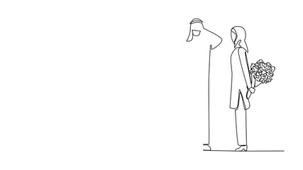 Poster - Self drawing animation of single continuous line drawing an arab woman stands carrying a bouquet of flowers behind her body. Surprises from loved ones will always be beautiful. Full length animated