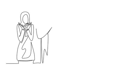 Poster - Animated self drawing of continuous one line drawing an arab man whispers to an arab woman who raises both her hands. Expressing love. Lover. Surprise. Full length single line animation