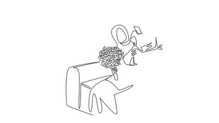 Poster - Animation of continuous one line drawing an arab woman sitting on a sofa holding bouquet of flowers as a gift from her beloved husband. Surprise. Single line self drawing animated. Full length motion