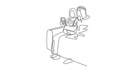 Poster - Animation of single one line drawing an arab man and an arab woman sitting on a sofa looking at smartphone. Track package. Make partner happy. Continuous line self drawing animated. Full length motion