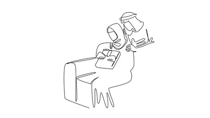 Poster - Self drawing animation of single continuous line drawing an arab woman sitting on the sofa while opening a gift box. Opening a surprise gift from partner. Present. Surprise. Full length animated