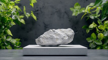 Aufkleber - Grey and White Stone on Minimalist Concrete Base with Green Greenery