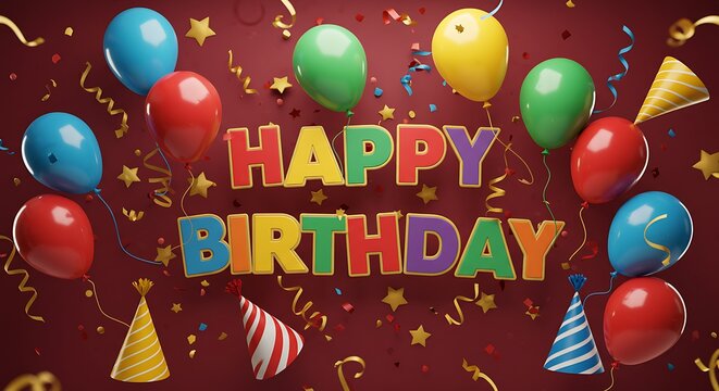 Happy Birthday text with balloons, hats and stars. with colored background.