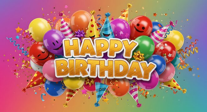 Happy Birthday text with balloons, hats and stars. with colored background.