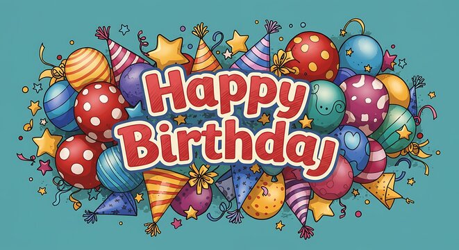 Happy Birthday text with balloons, hats and stars. with colored background.