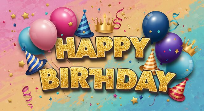 Happy Birthday text with balloons, hats and stars. with colored background.