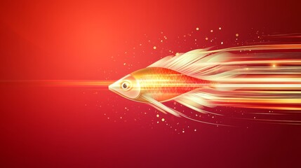 Fototapete - Golden fish trail streaks of luminous energy against a crimson backdrop embodying speed and determination, a digital rendering of modern mythical aquatic creature