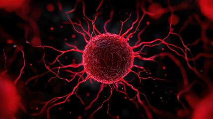 Poster - Intricate Red Cell Structure With Fractal-Like Extensions Set Against Dark Background Representing Microbiology and Cellular Imagery in Scientific Visuals