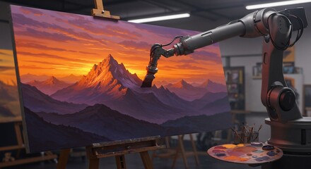 Wall Mural - robotic arm painting a canvas with hyper-realistic ai-generated art
