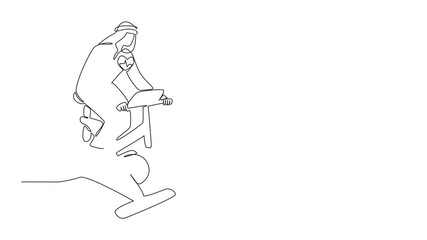 Poster - Animated self drawing of single continuous line drawing Arab young man in turban and robe pedaling stationary bike. Sweaty. National Employee Health and Fitness Day. Full length single line animation