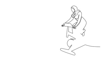 Aufkleber - Animation of single line drawing Arab woman in hijab pedaling a stationary bike. Exercise. Healthy. National Employee Health and Fitness Day. Continuous line self drawing animated. Full length motion