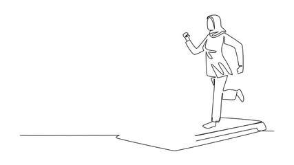 Poster - Self drawing animation of single one line drawing Arab woman in hijab running on treadmill with heart impulse. Exercise. Stay healthy. National Employee Health and Fitness Day. Full length animated