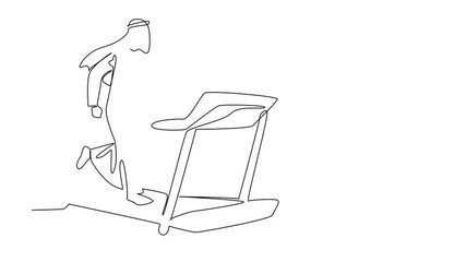 Poster - Animation of continuous line drawing turbaned arab man running on treadmill with heart impulse. Sport. National Employee Health and Fitness Day. Single line self drawing animated. Full length motion