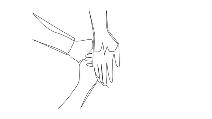 Poster - Self drawing animation of single one line drawing several hands stacked in a circle with the heart pulse in middle. Work team agreement. National Employee Health and Fitness Day. Full length animated