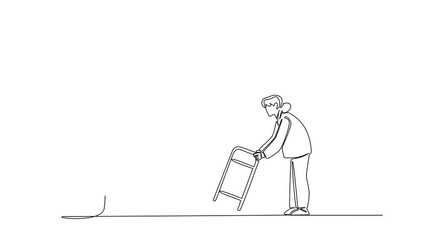 Poster - Animated self drawing of continuous one line drawing grandma chasing a hook with a dollar bill attached to it. Tempted. National Senior Fraud Awareness Day. Full length single line animation