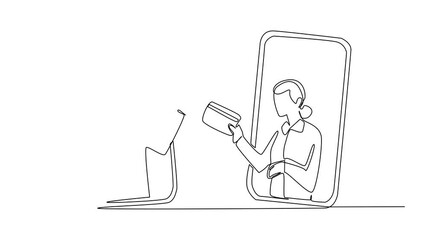 Poster - Self drawing animation of single continuous line drawing grandma out of her smartphone and hands her credit card to a masked thief. Fake. National Senior Fraud Awareness Day. Full length animated