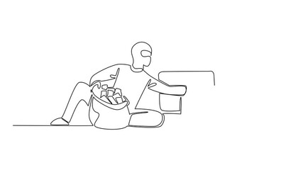Poster - Animation of single one line drawing a grandfather typing and a thief taking banknotes. Cyber attack. National Senior Fraud Awareness Day. Continuous line self drawing animated. Full length motion